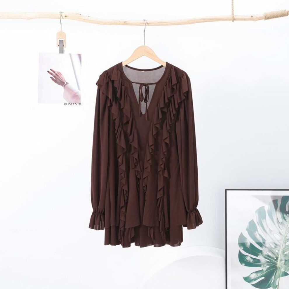 (brown, M) Elegant Lace Fold Dress Women Brown Deep V-neck Long Sleeve Mini Dresses Female 2025 Spring Summer Fashion Loose Lady Robe