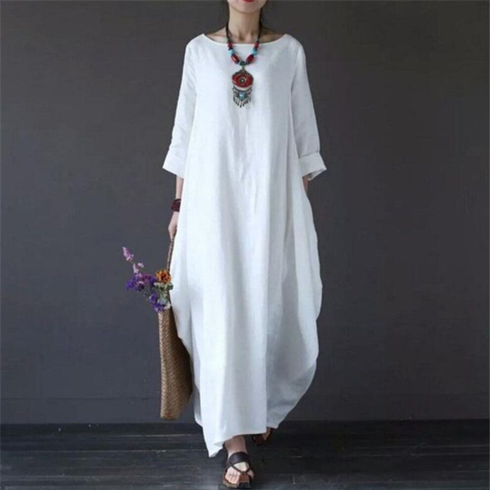 (white, S) Vintage Cotton Linen Oversized Beach Maxi Dress Women Casual Street Long Sleeve Dresses Robe Clothing