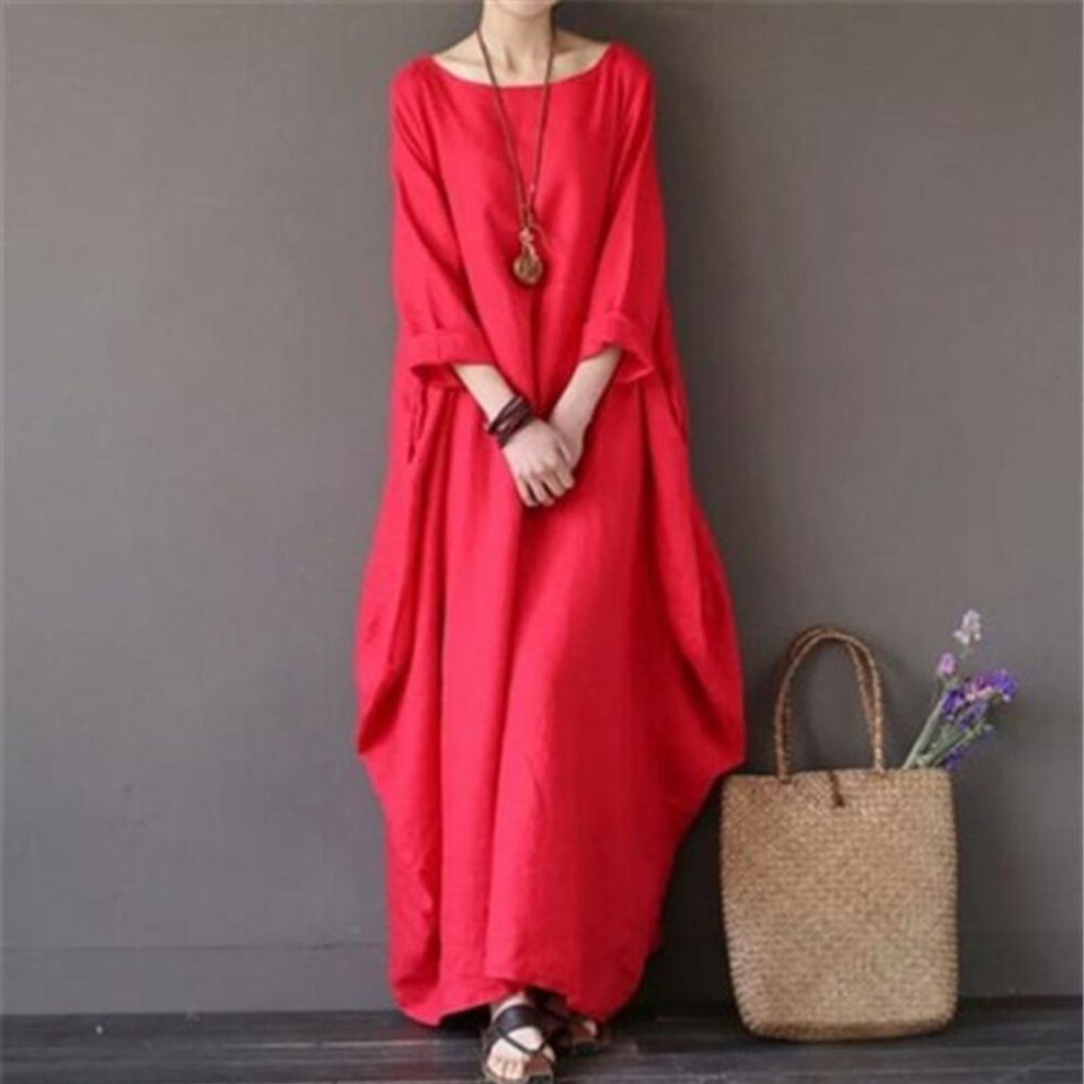 (red, XL) Vintage Cotton Linen Oversized Beach Maxi Dress Women Casual Street Long Sleeve Dresses Robe Clothing