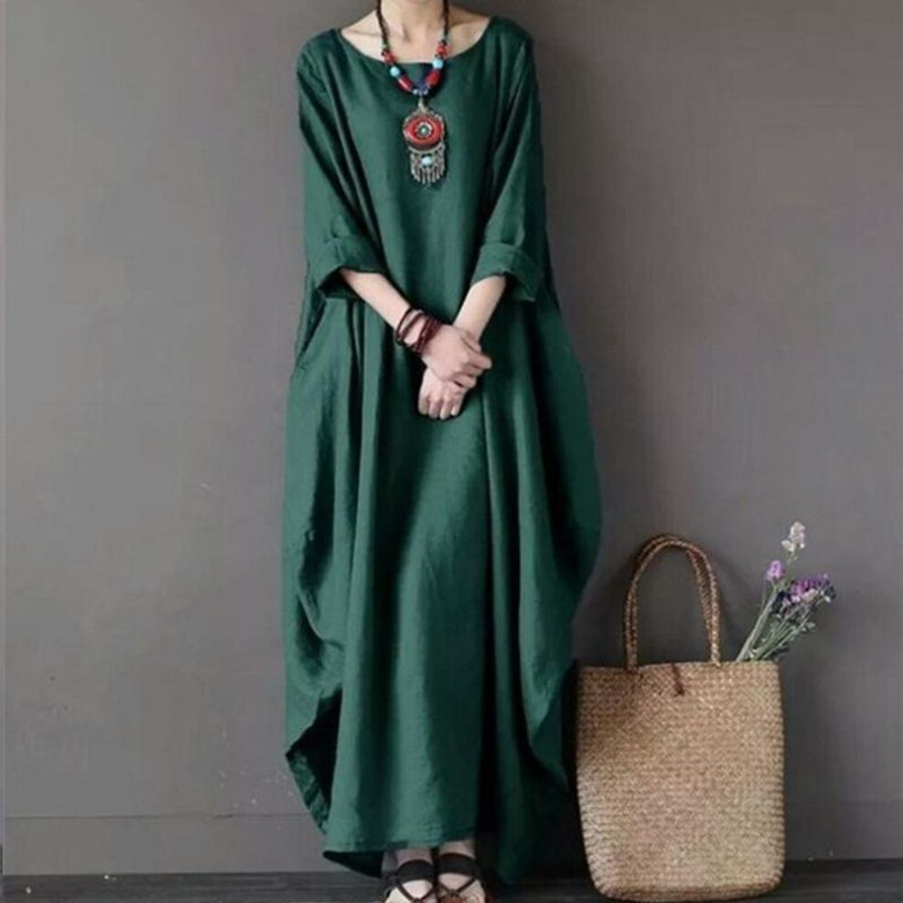 (dark green, L) Vintage Cotton Linen Oversized Beach Maxi Dress Women Casual Street Long Sleeve Dresses Robe Clothing