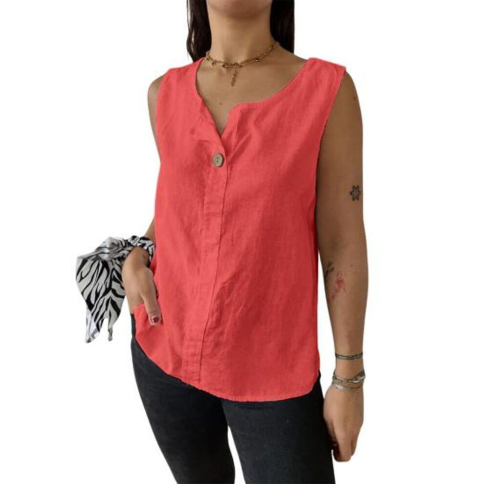 (XL, red) Women Vest Sleeveless Button Decoration Casual Tank Tops Solid Color Cotton Linen Lightweight Breathable Tops