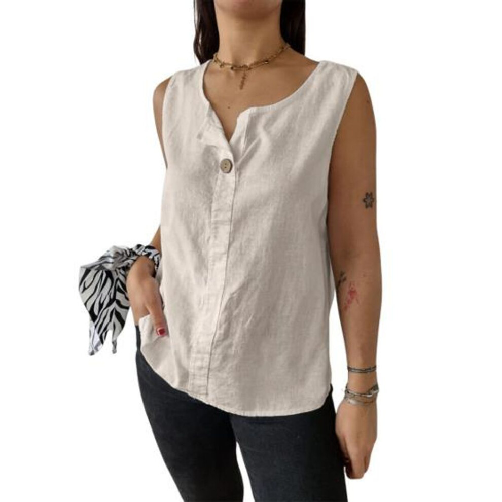 (2XL, apricot) Women Vest Sleeveless Button Decoration Casual Tank Tops Solid Color Cotton Linen Lightweight Breathable Tops