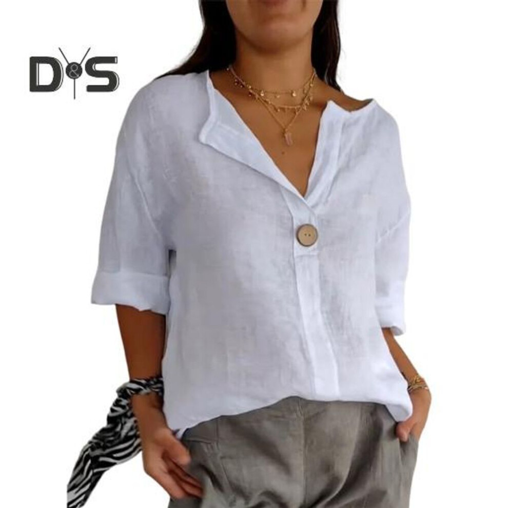 (XL, white) Women Shirt V-Neck Button Decor 3/4 Sleeve Pullover Tops Loose Fit Basic Neckline Solid Color Summer Shirt Tops
