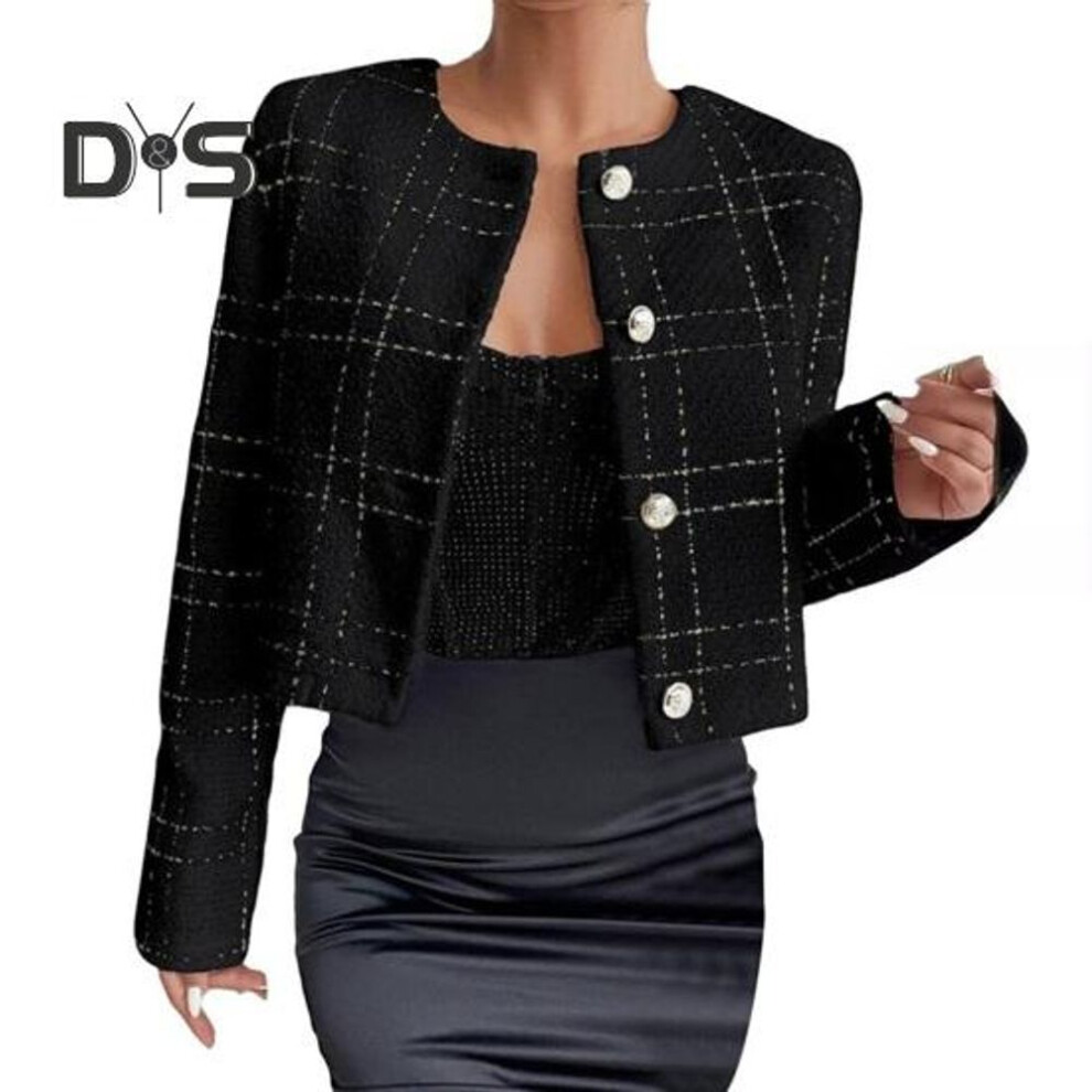 (black, XXL) Women Coat Collarless Single-breasted Long Sleeves Short Type Business Style Commuting Jacket Spring Fall Outerwear