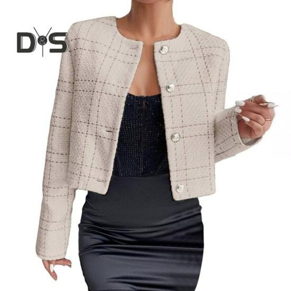 (apricot, L) Women Coat Collarless Single-breasted Long Sleeves Short Type Business Style Commuting Jacket Spring Fall Outerwear