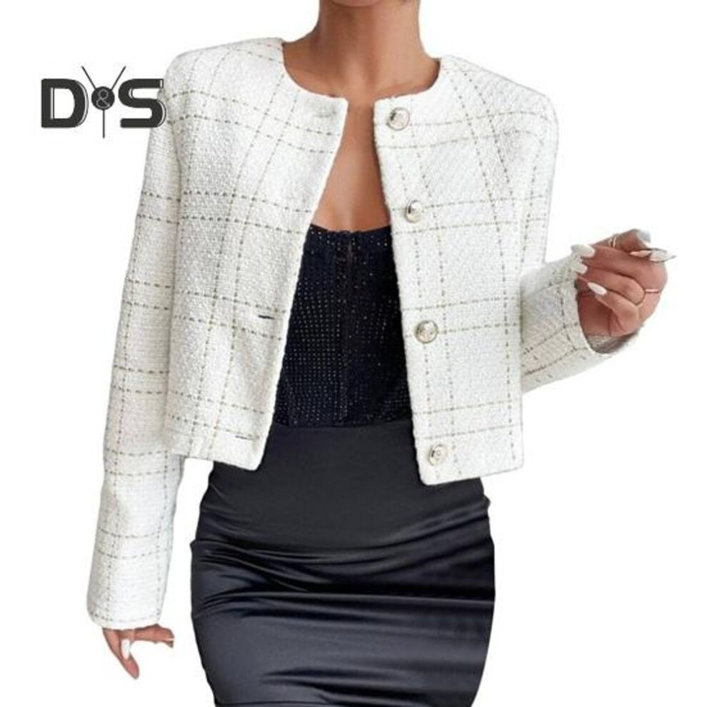 (white, M) Women Coat Collarless Single-breasted Long Sleeves Short Type Business Style Commuting Jacket Spring Fall Outerwear