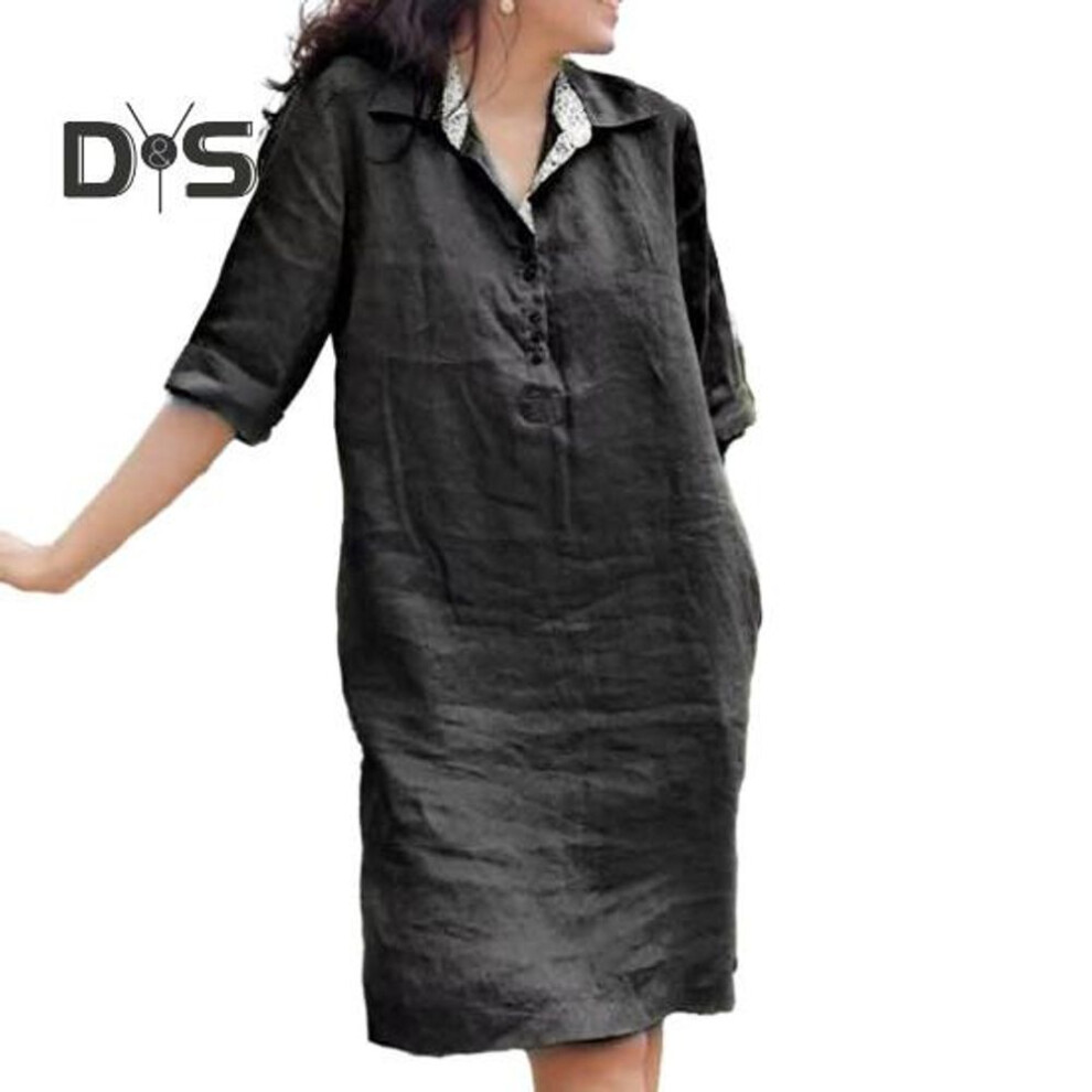 (black, L) Women Dress Loose Three Quarter Sleeves Solid Color Lapel Knee Length Soft A Line Casual Spring Summer Midi Dress