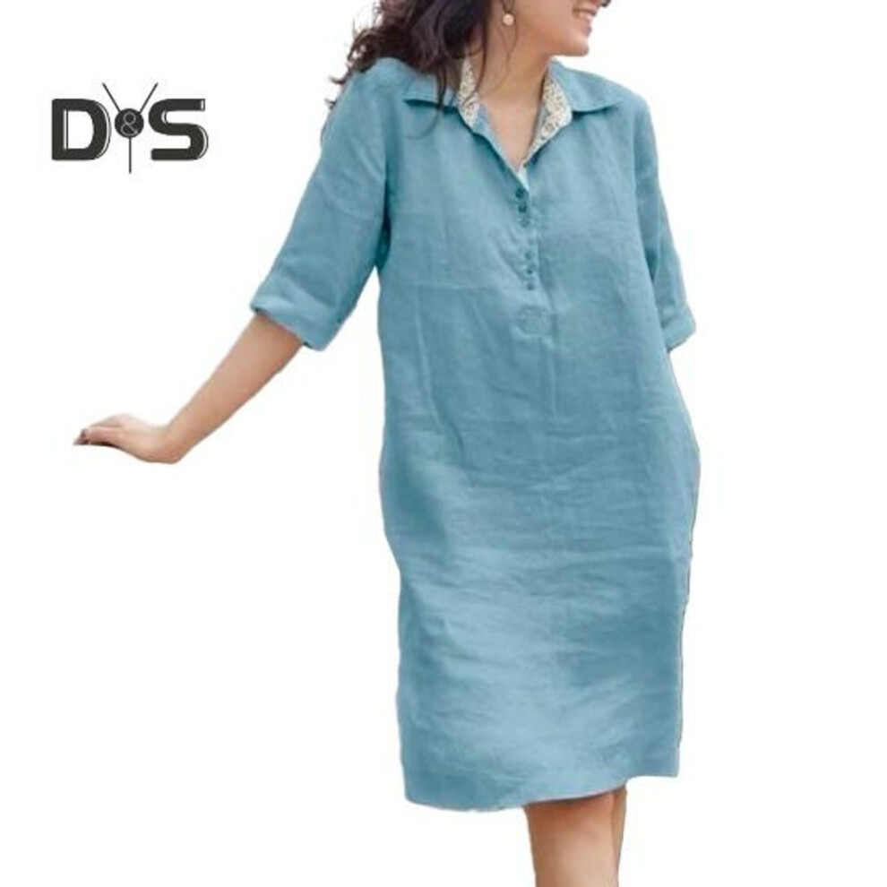 (sky blue, 3XL) Women Dress Loose Three Quarter Sleeves Solid Color Lapel Knee Length Soft A Line Casual Spring Summer Midi Dress