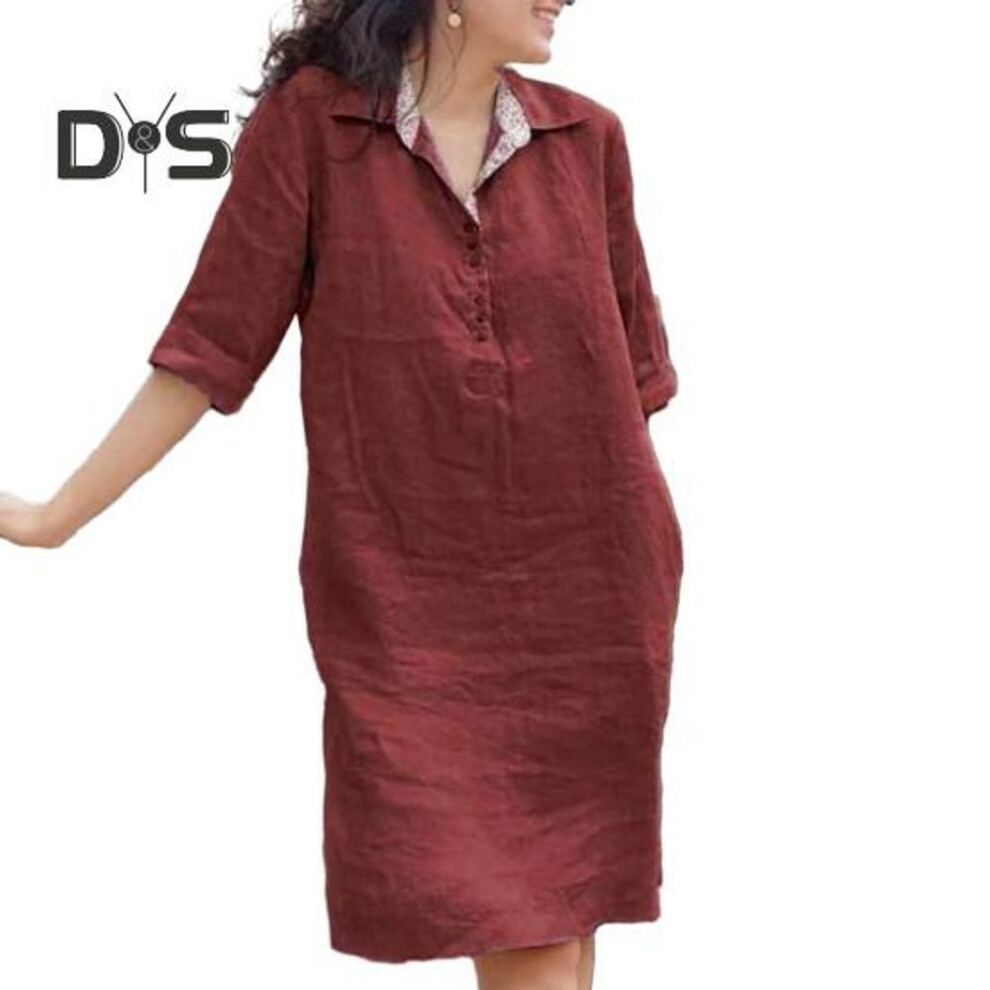 (red, XL) Women Dress Loose Three quarter Sleeves Solid Color Lapel Knee Length Soft A line Casual Spring Summer Midi Dress