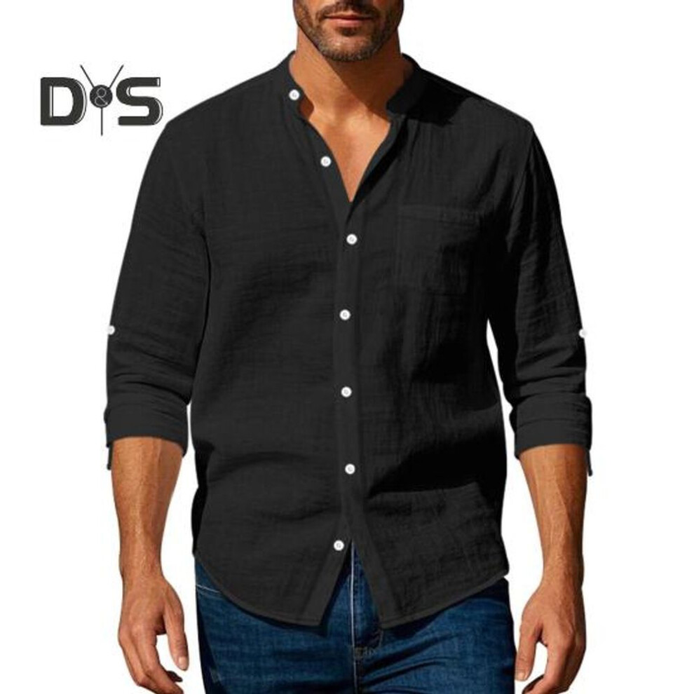 (L, black) Spring Fall Men Shirt with Chest Pocket Stand Collar Button-down Top Long Sleeve Solid Color Loose Cardigan Casual Daily Shirt