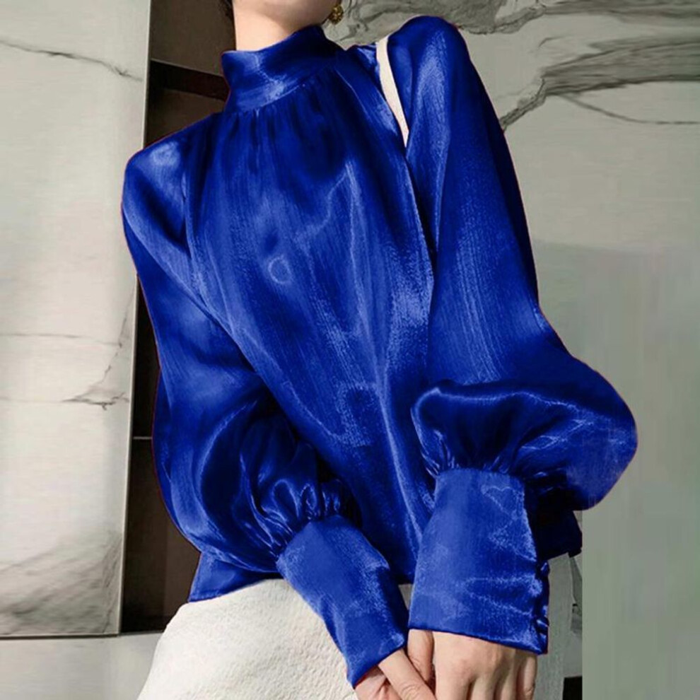 (S, blue) Vonda Women Vintage Turtle Neck Puff Long Sleeve Shirts