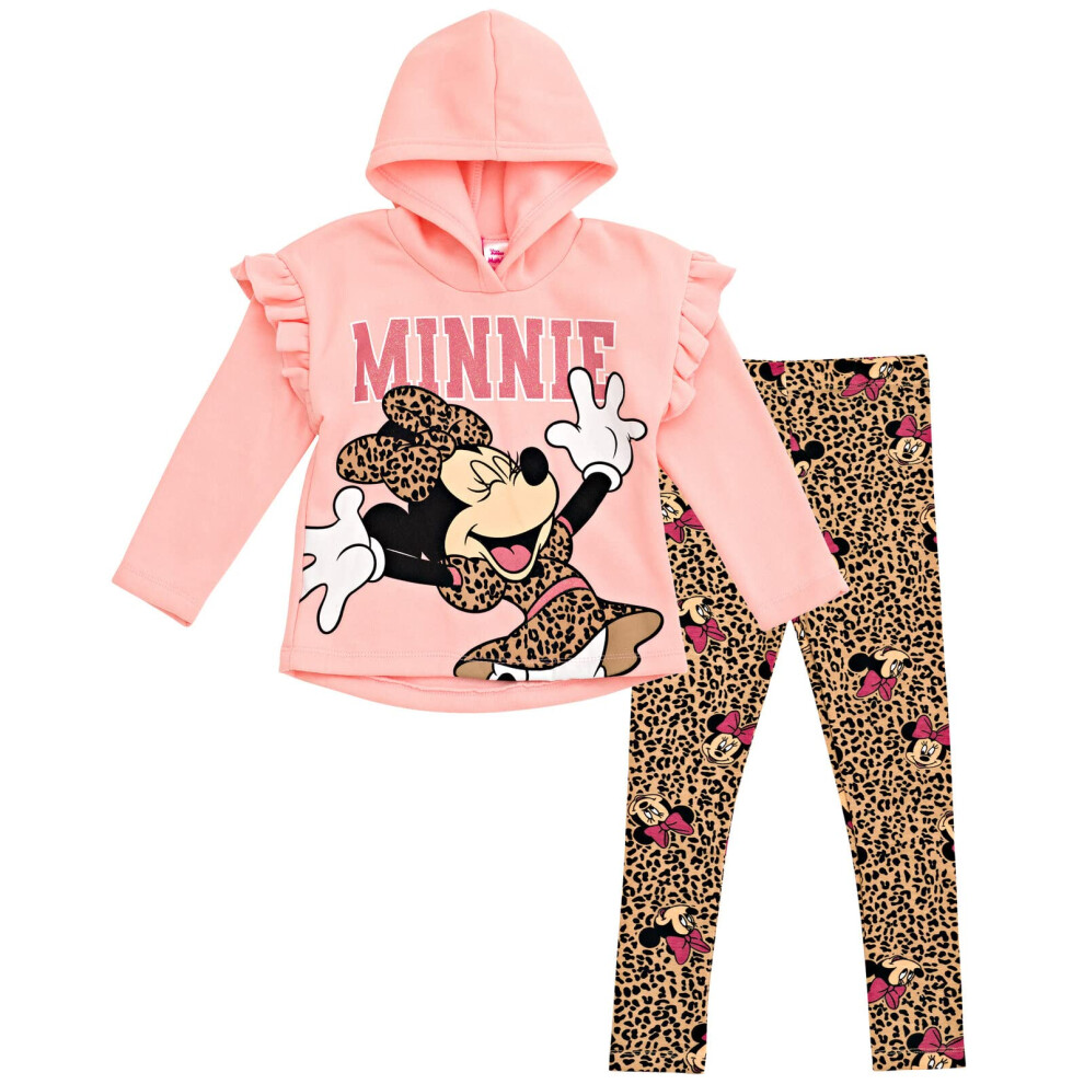 Disney Minnie Mouse Toddler Girls Pullover Fleece Hoodie and Leggings Outfit Set Pink/Brown 4T