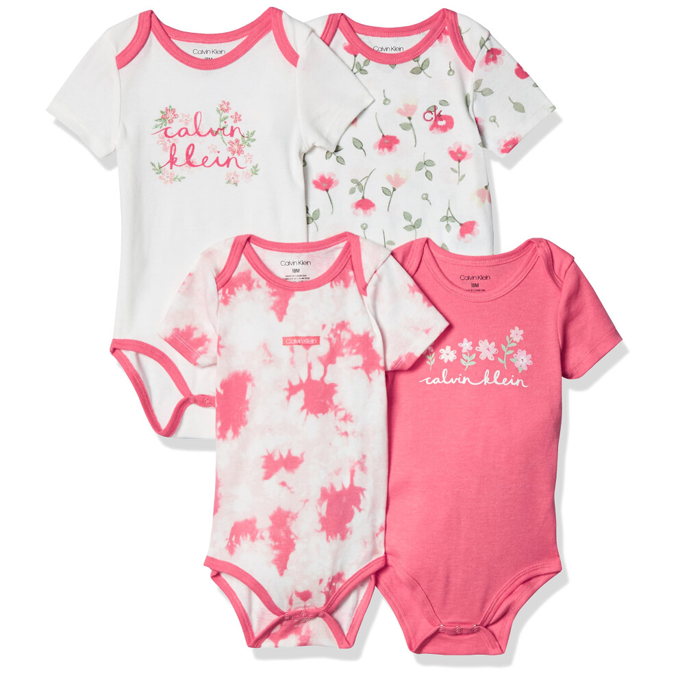 Calvin Klein Girls' 4 Pieces Pack Bodysuits  Coral Reef/Equator Pink/White Luster  3-6 Months