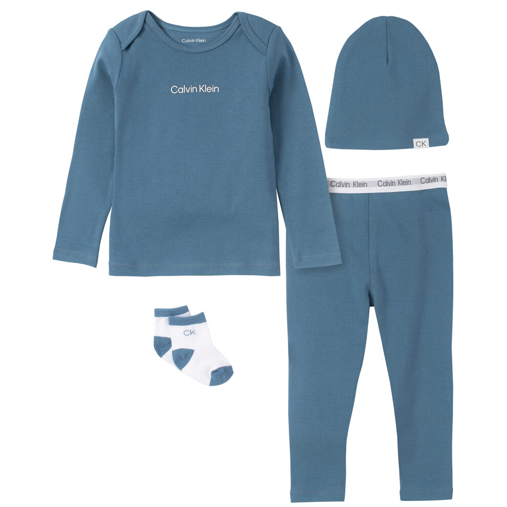 Calvin Klein Organic Baby Boys Essentials 4-Piece Set with Long Sleeve Tee & Pants  Ultra-Soft Beanie & Socks Included  Coronet Blue