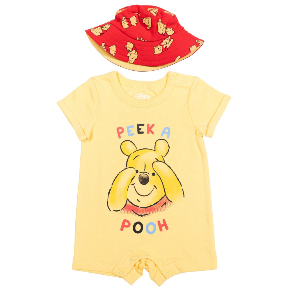 Disney Winnie the Pooh Infant Baby Boys Romper and Bucket Sun Hat Yellow 24 Months