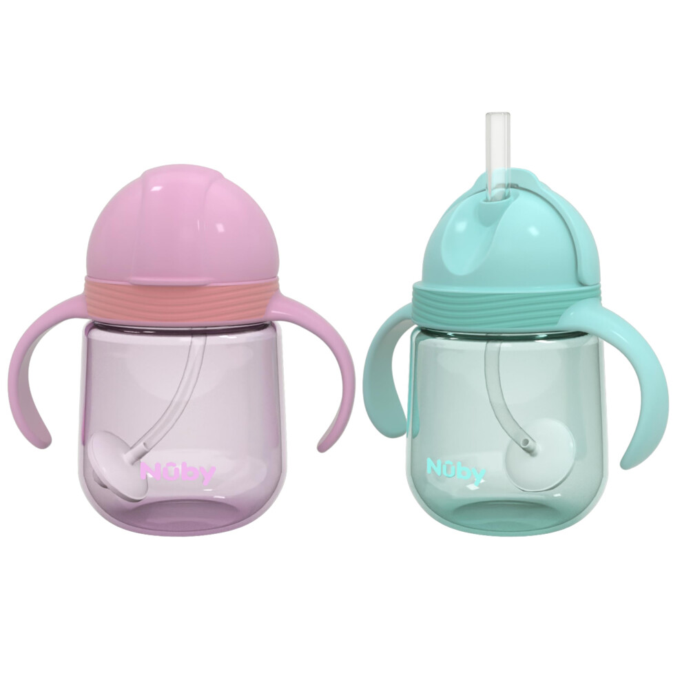 Nuby No-Spill Clik-it Silicone Straw Toddler Cup - (2 Pack) 8 oz - 360 Weighted Straw Toddler Sippy Cup for 1+ Year Old - Pink/Aqua