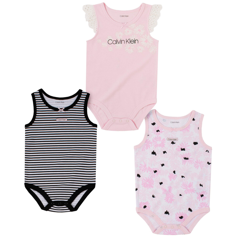 Calvin Klein Girls' 3 Pieces Pack Bodysuits  Pink Pearl/Baby Pink/White Cotton  0-3 Months
