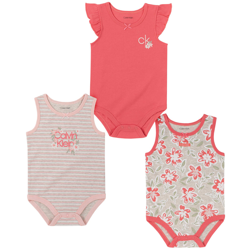 Calvin Klein Girls' 3 Pieces Pack Bodysuits  Coral Reef/Oatmeal/Print  3-6 Months