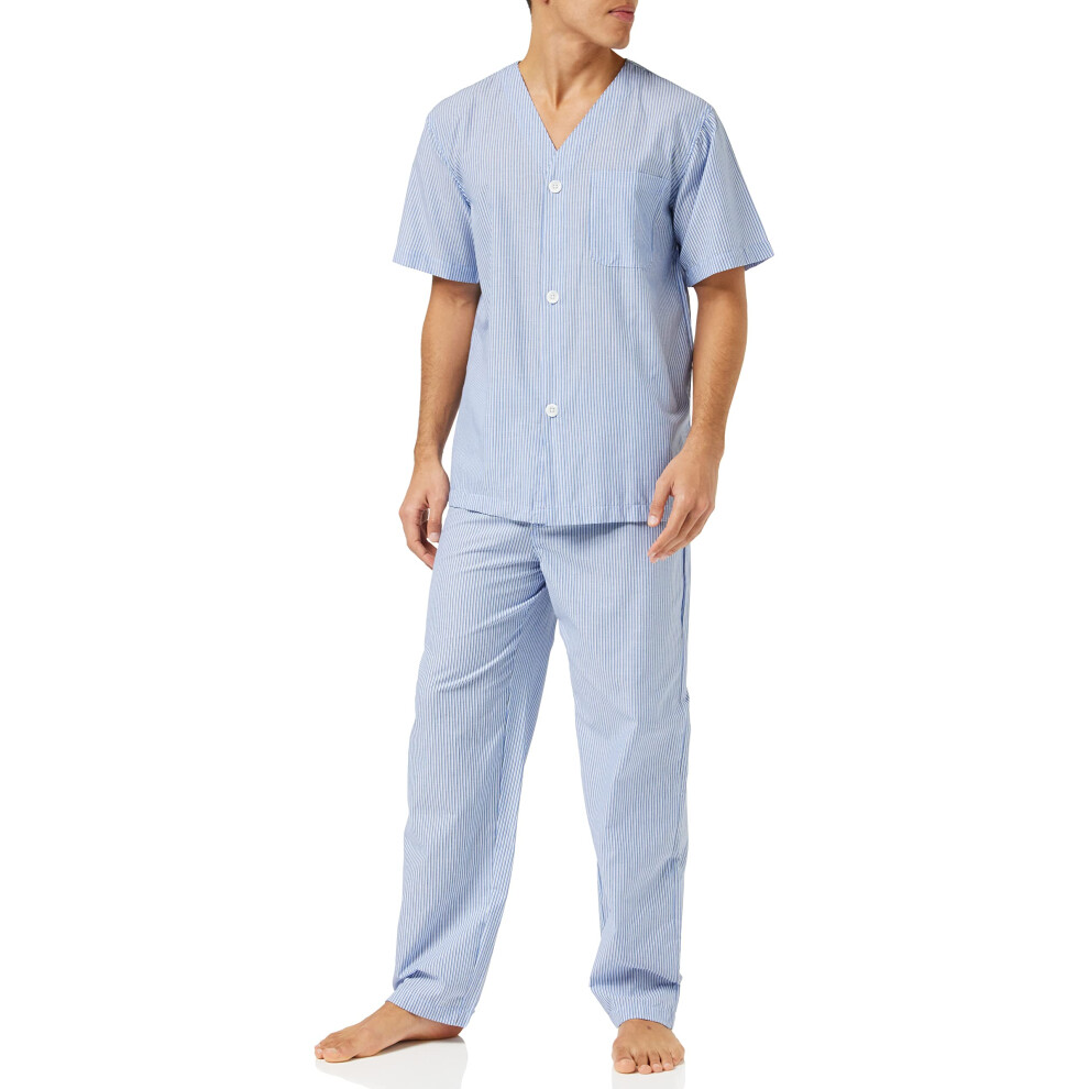 Fruit of the Loom mens Broadcloth Short Sleeve Top and Long Pants Pajama Set  Blue Stripe  X-Large US