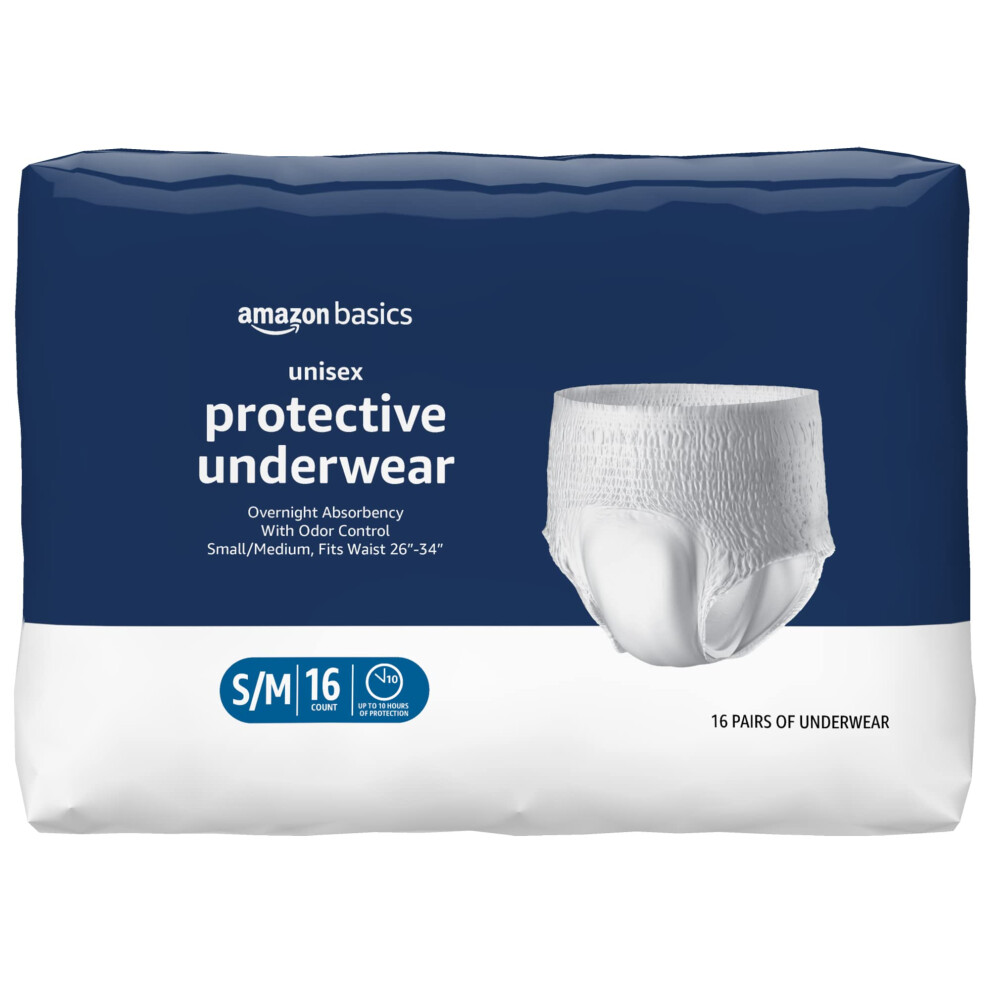 Amazon Basics Unisex Protective Underwear  Overnight Absorbency  Small/Medium  16 Count  (1 Pack of 16)