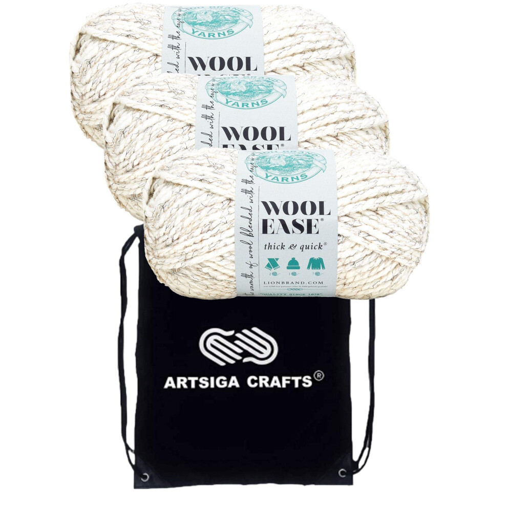 Lion Brand Wool Ease Thick & Quick Wheat 640-402 (3-Skeins - Same Dye Lot) #6 S Bulky Acrylic-Wool Yarn for Crocheting and Knitting with Project Bag