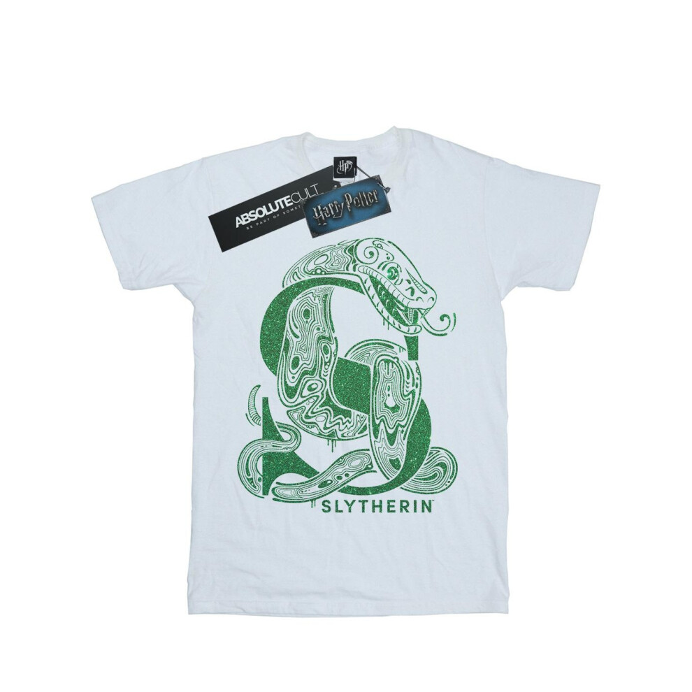 (12-13 Years, White) Harry Potter Girls Slytherin Glitter Cotton T-Shirt