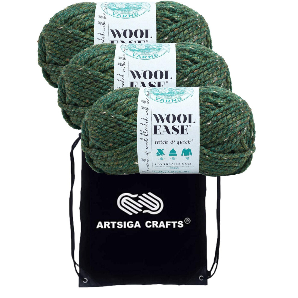 Lion Brand Wool Ease Thick & Quick Kale 640-172 (3-Skeins - Same Dye Lot) #6 S Bulky Acrylic-Wool Yarn for Crocheting and Knitting with Project Bag