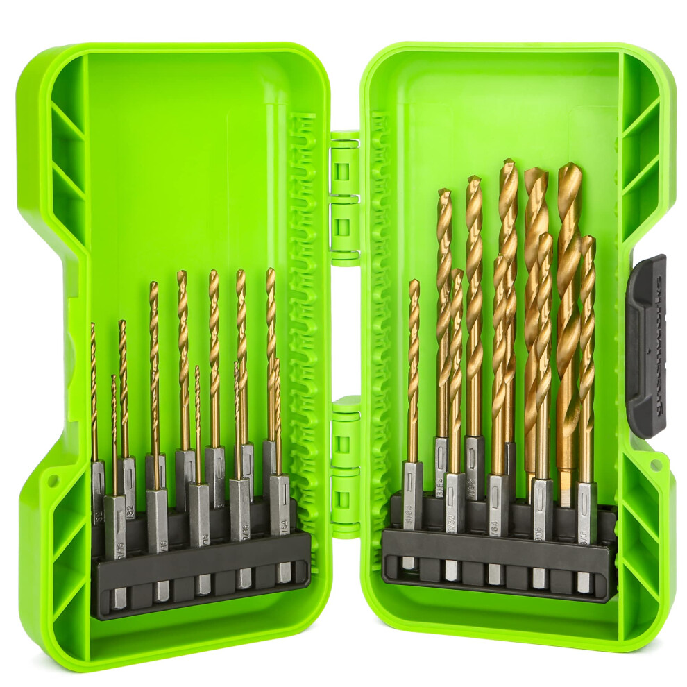 Greenworks 22 PC Titanium Twist Drill Bit Set  135? Tip High Speed Steel  Ideal Drilling in Wood/Cast Iron/Aluminum Alloy/Plastic/Fiberglass
