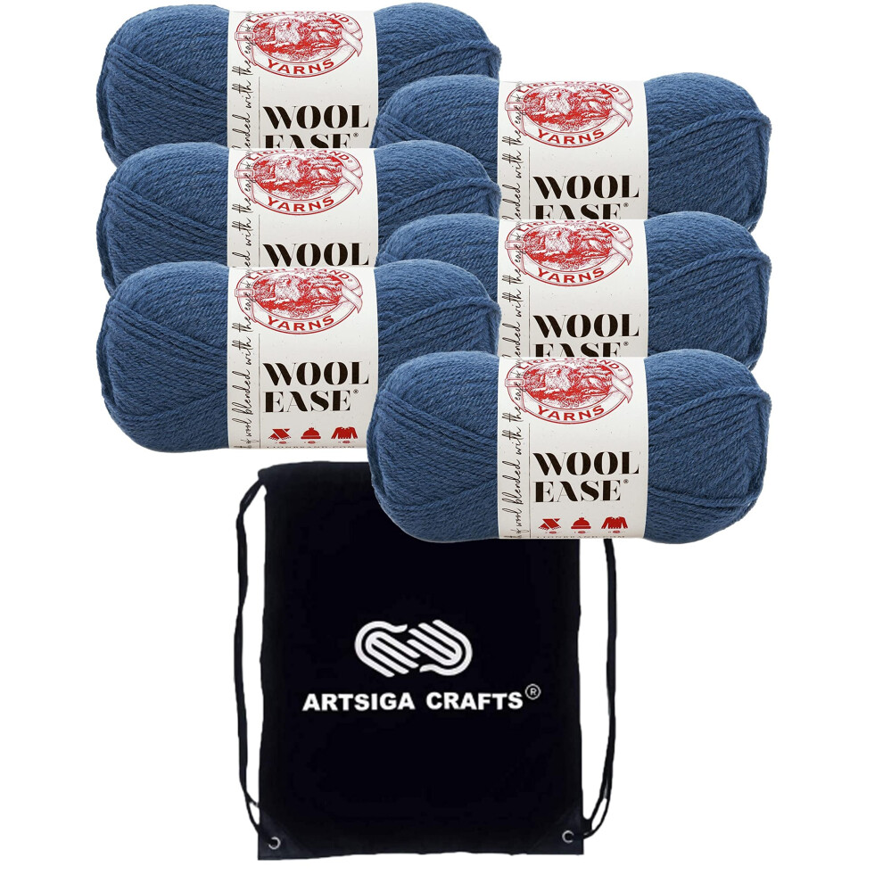 Lion Brand Wool Ease Denim 620-114 (6-Skeins - Same Dye Lot) Worsted Medium #4 Acrylic  Wool Yarn for Crocheting and Knitting with Project Bag