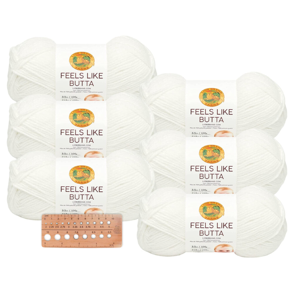 Lion Brand Yarn - Feels Like Butta - 6 Pack with Needle Gauge (White)