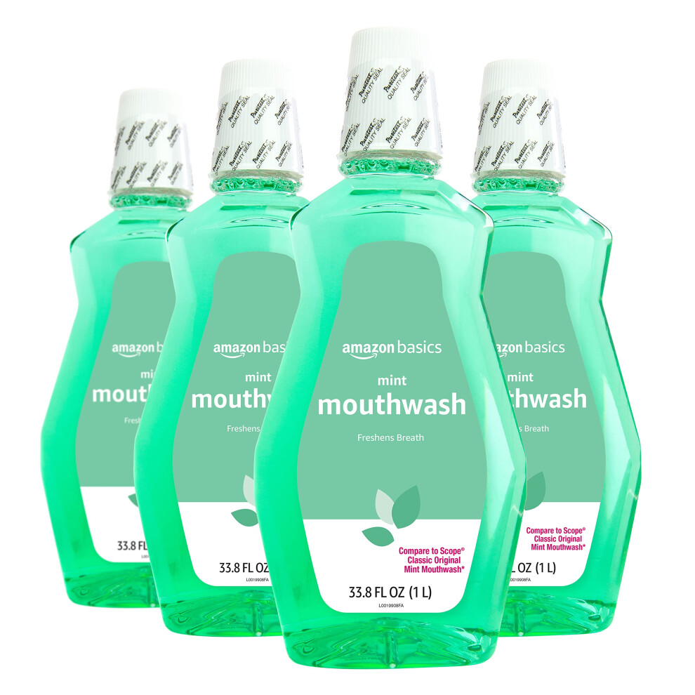 Amazon Basics Mint Mouthwash Fresh Mint 1 Liter 33.8 Fluid Ounces 4-Pack (Previously Solimo)