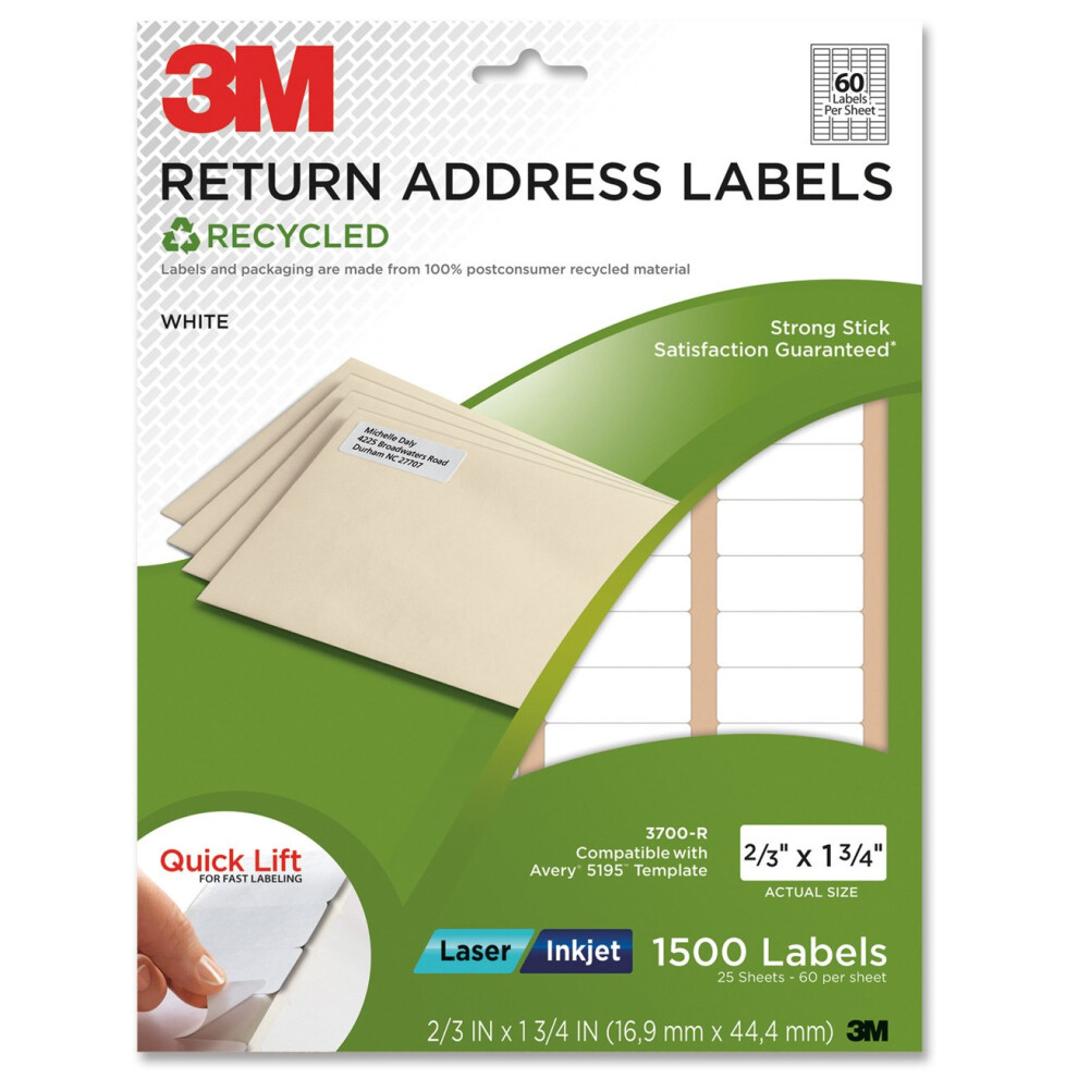 3M Permanent Adhesive Recycled Return Address Labels  0.66 x 1.75 Inches  White  1500 per Pack (3700-R)