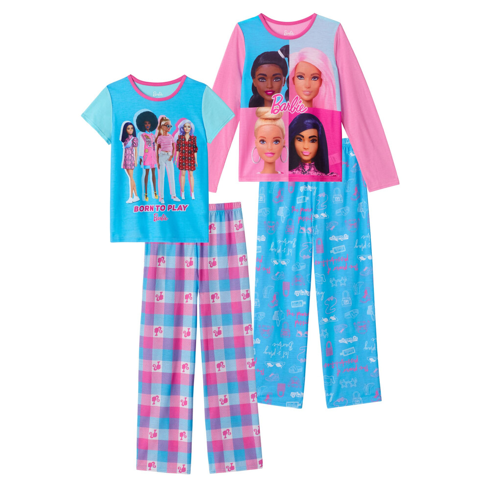 Barbie Girls Pajama Pants and Sleep Shirt Sets for Kids 4 Piece Sleepwear Set for Girls (as1  numeric  numeric_4  regular  Light Blue-Light Pink)