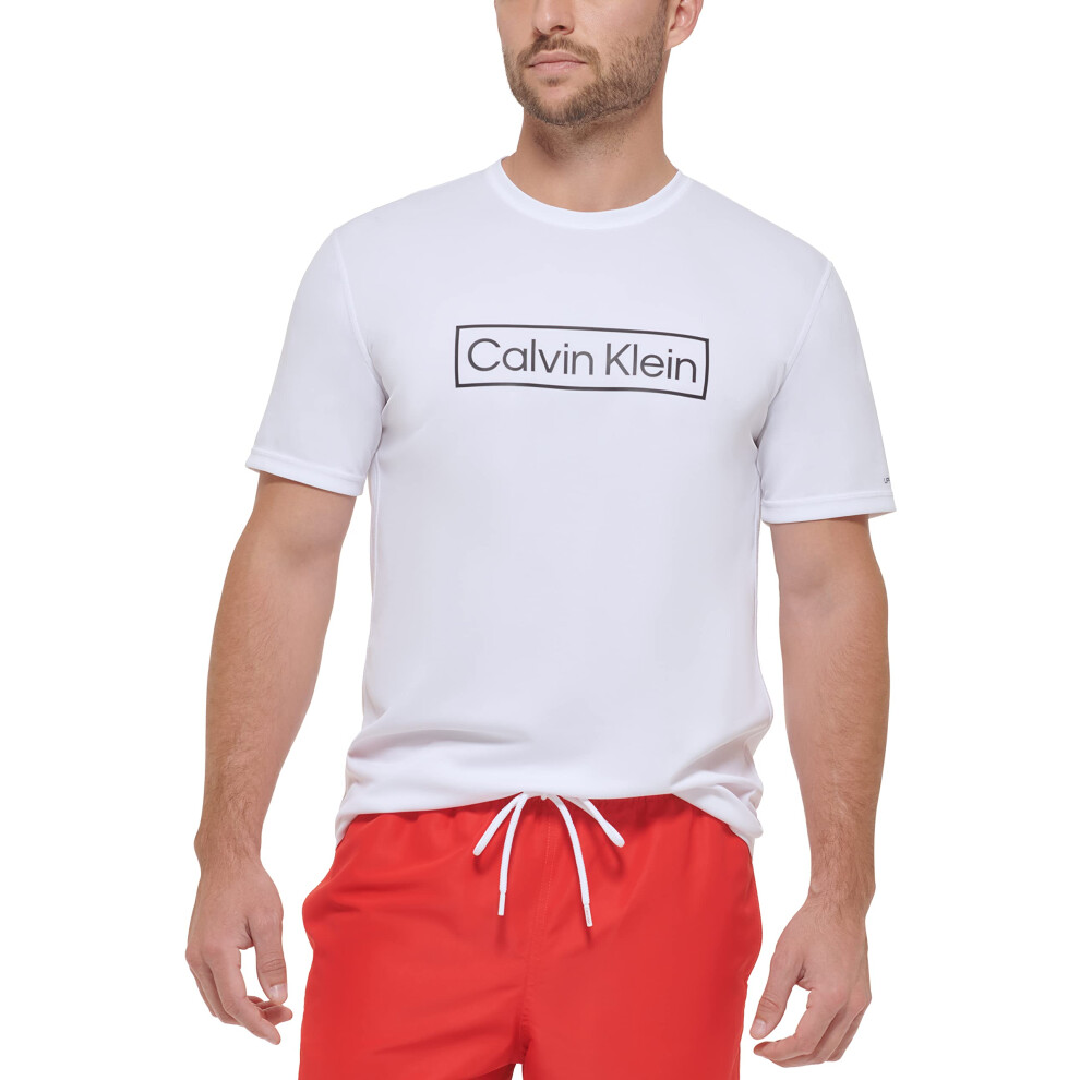 Calvin Klein Men's Standard Light Weight Quick Dry Short Sleeve 40+ UPF Protection Active Top  White Logo  Medium