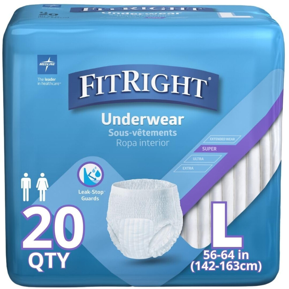 Medline Fitright Super Protective Unisex Incontinence Underwear Maximum Absorbency Large (40-56 Inch Waist) Dependable Comfort & Leak Protection 20 Count