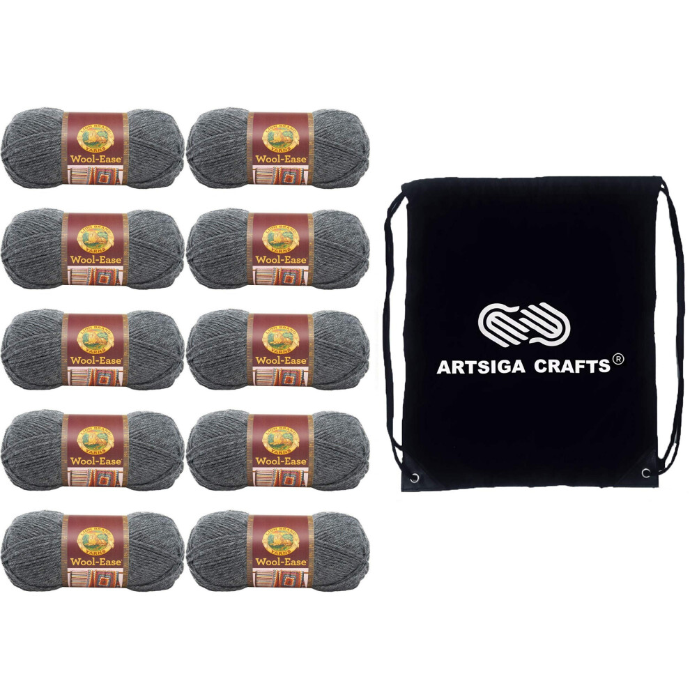 Lion Brand Wool Ease Oxford Grey 620-152 (10-Skeins - Same Dye Lot) Worsted Medium #4 Acrylic  Wool Yarn for Crocheting and Knitting with Project Bag
