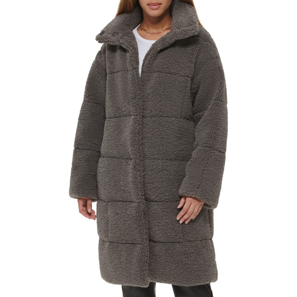 Levi's Women's Long Length Patchwork Quilted Teddy Coat  Carbon Grey  Large