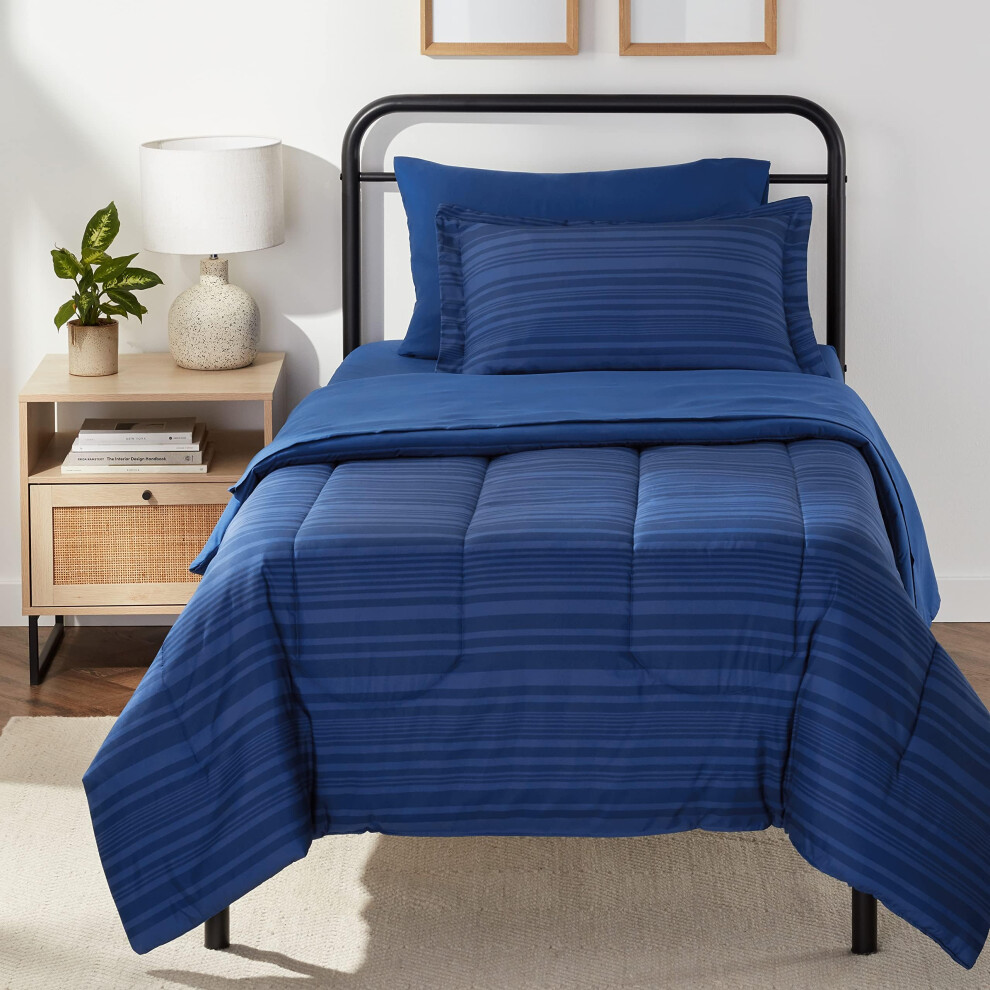 Amazon Basics Twin XL Comforter Set with Sheets  5-Piece Blue Calvin Striped Bedding  Lightweight Microfiber Bed-in-a-Bag