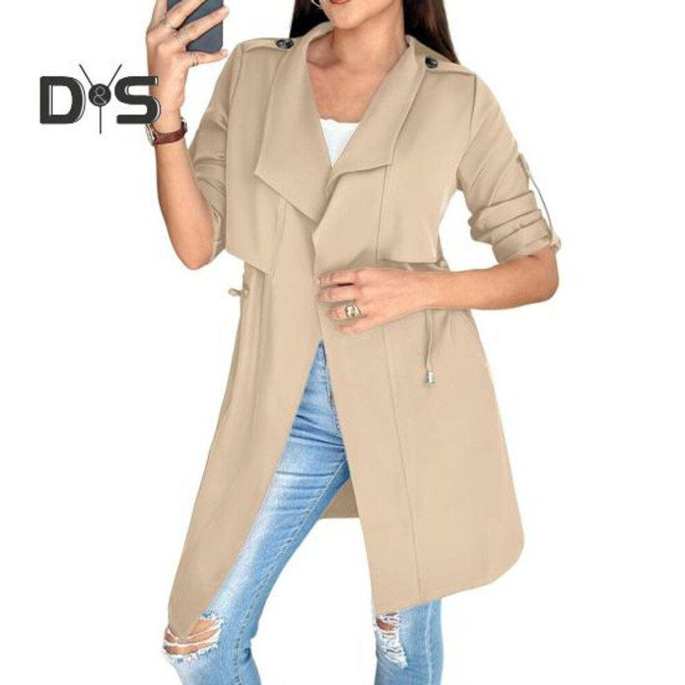 (khaki, S) Winter Women Jacket Mid Sleeves with Cufflinks Drawstring Waist Windbreaker Open Stitch Coat Mid Length Windproof Warm Coat