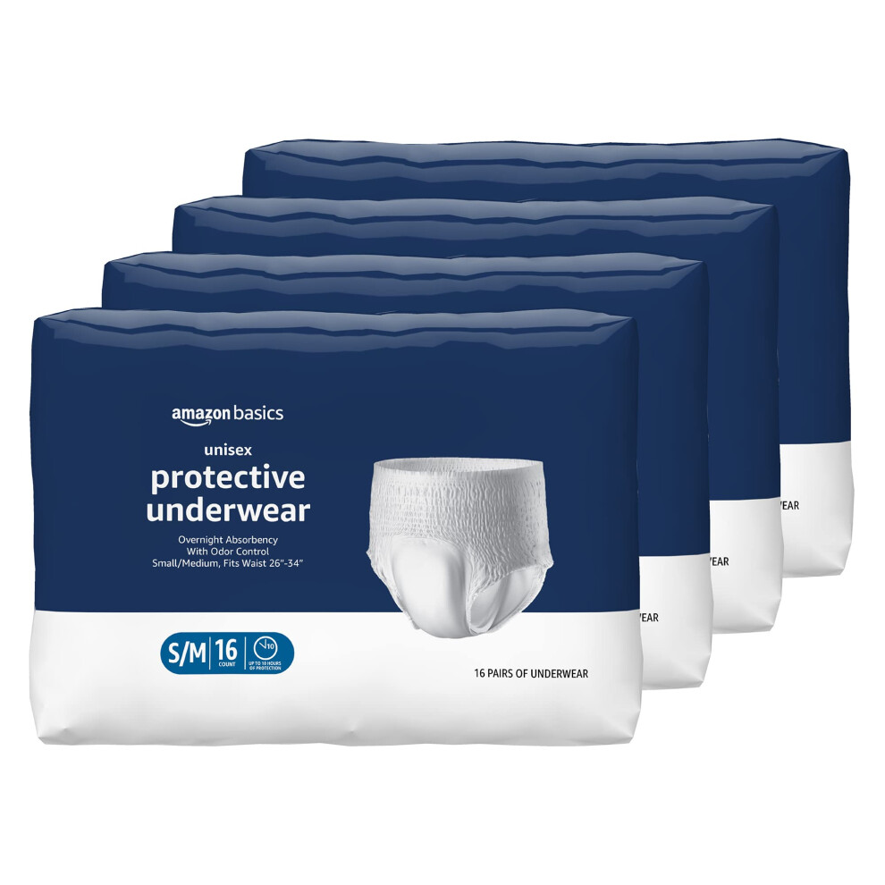 Amazon Basics Unisex Protective Underwear  Overnight Absorbency  Small/Medium  64 Count  (4 Packs of 16)