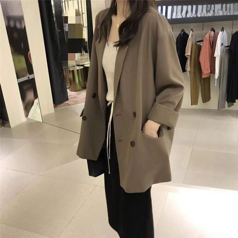 (coffee, L) Autumn Women's Double-breasted Loose Suit, Korean Style Mid-length Blazers With Long Sleeves, Chic And Casual