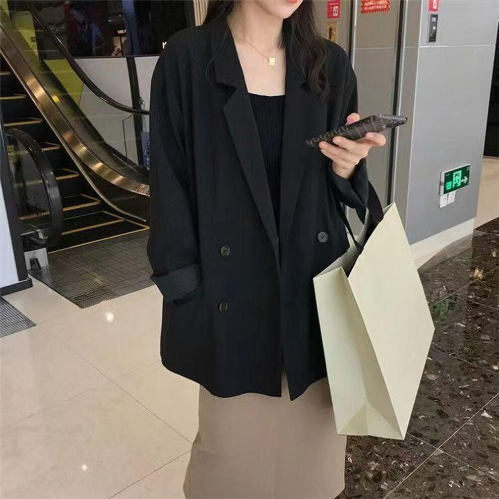 (black, L) Autumn Women's Double-breasted Loose Suit, Korean Style Mid-length Blazers with Long Sleeves, Chic and Casual