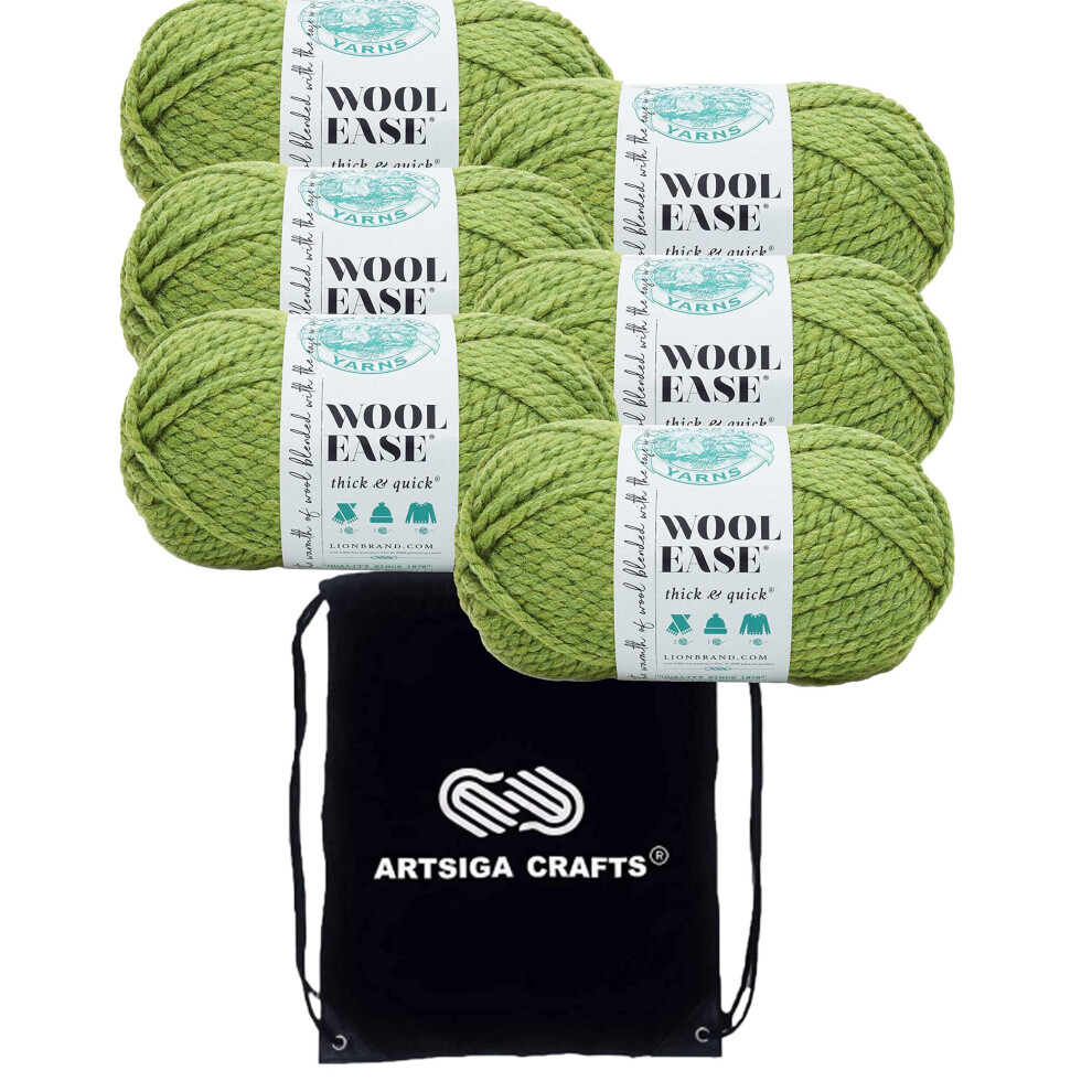 Lion Brand Wool Ease Thick & Quick Grass 640-131 (6-Skeins - Same Dye Lot) #6 S Bulky Acrylic-Wool Yarn for Crocheting and Knitting with Project Bag