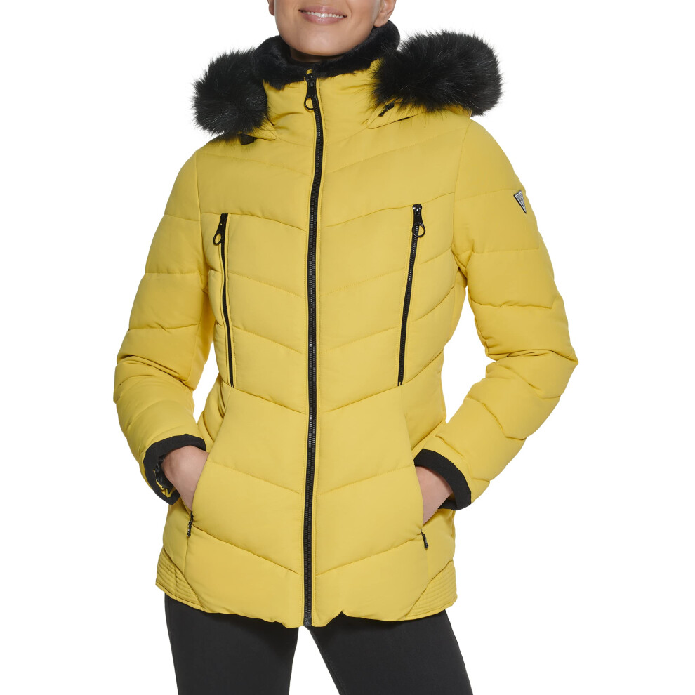 GUESS Women's Midweight Puffer Jacket  Hooded Highlighter  X-Large