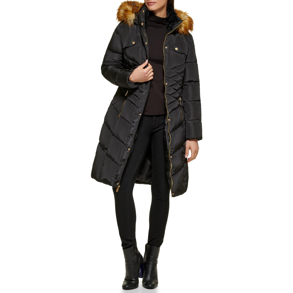 GUESS Women's Midweight Puffer Jacket  Faux Fur Hood Black  X-Large