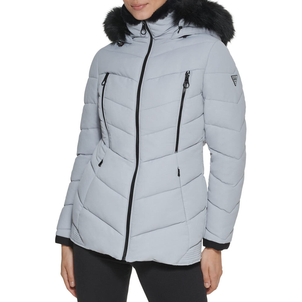 GUESS Women's Midweight Puffer Jacket  Hooded Sterling  X-Large