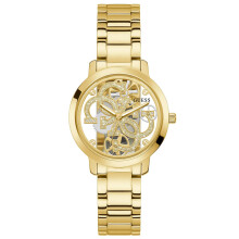 Reloj GUESS Ladies Trend Clear de 36 mm con esfera brillante y caja y pulsera de acero inoxidable en tono dorado.