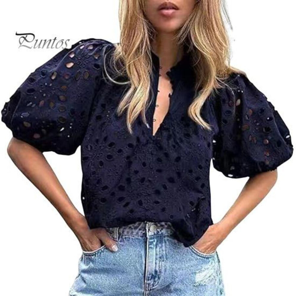 (L, dark blue) Women Shirt Stand Collar V-Neck Puff Short Sleeve Shirt Hollow Embroidered Flower Pattern Lace Blouse Casual Dressy Tops