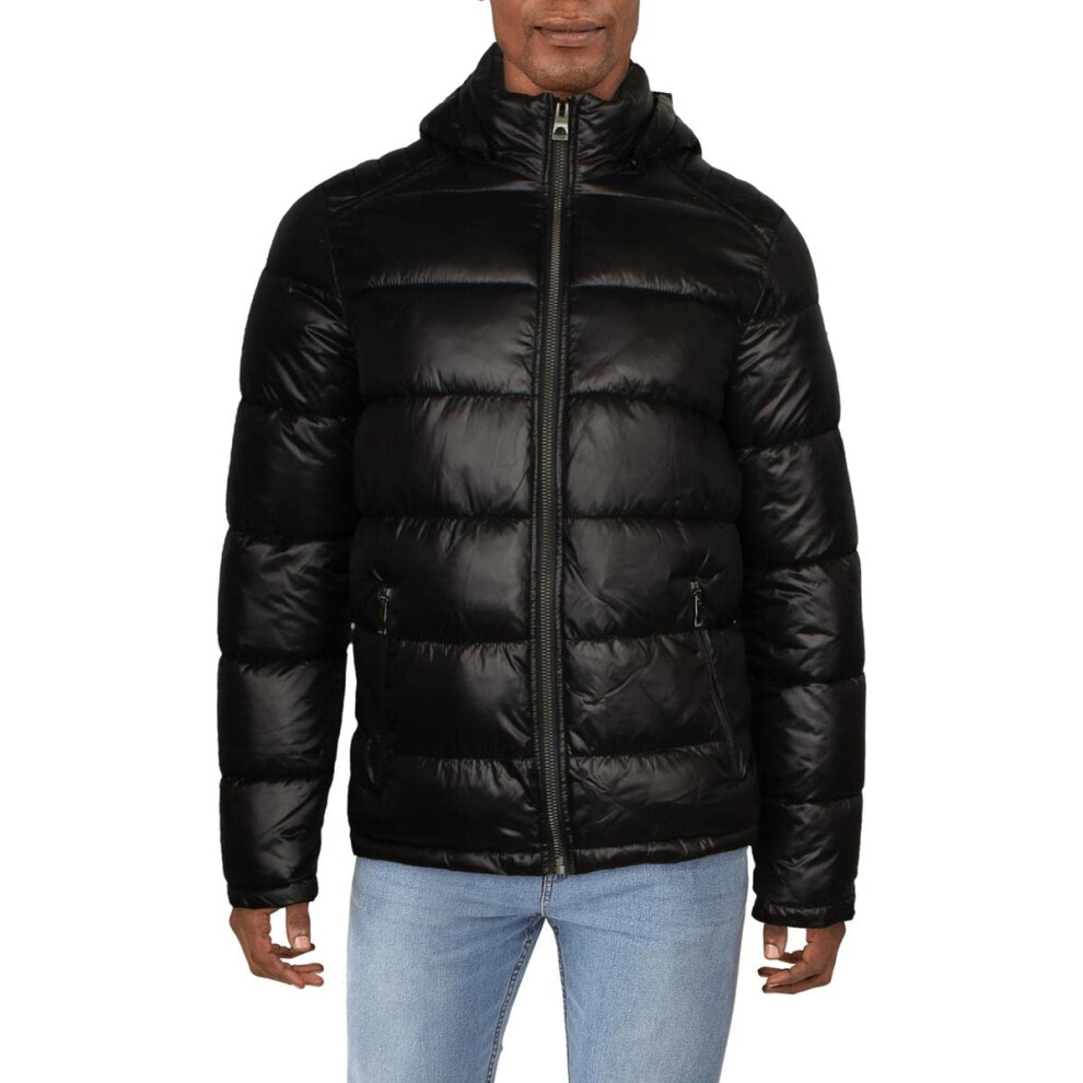 GUESS mens Mid-weight Puffer Jacket With Removable Hood Down Alternative Coat  Black  Medium US
