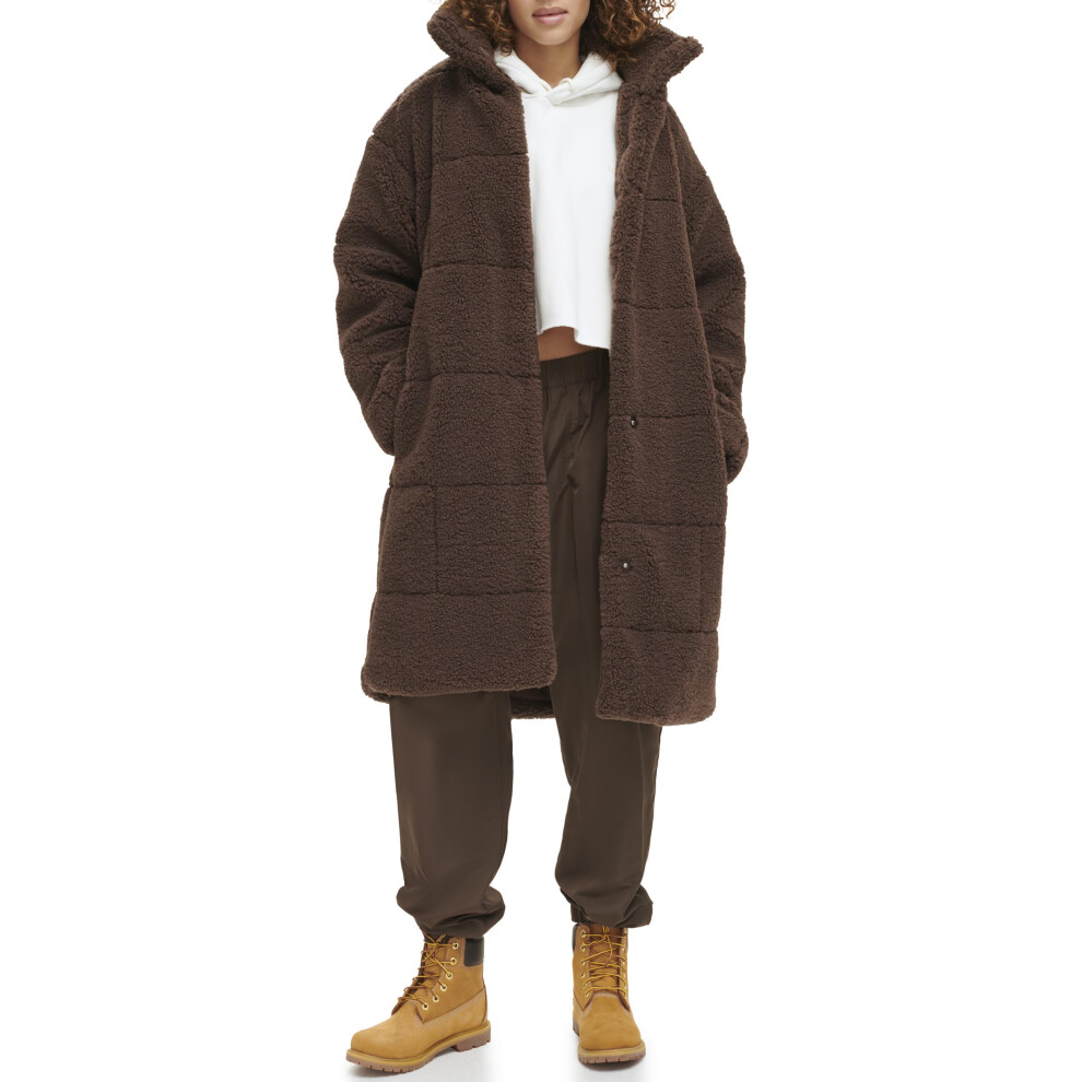 Levi's Women's Long Length Patchwork Quilted Teddy Coat  Chocolate Brown